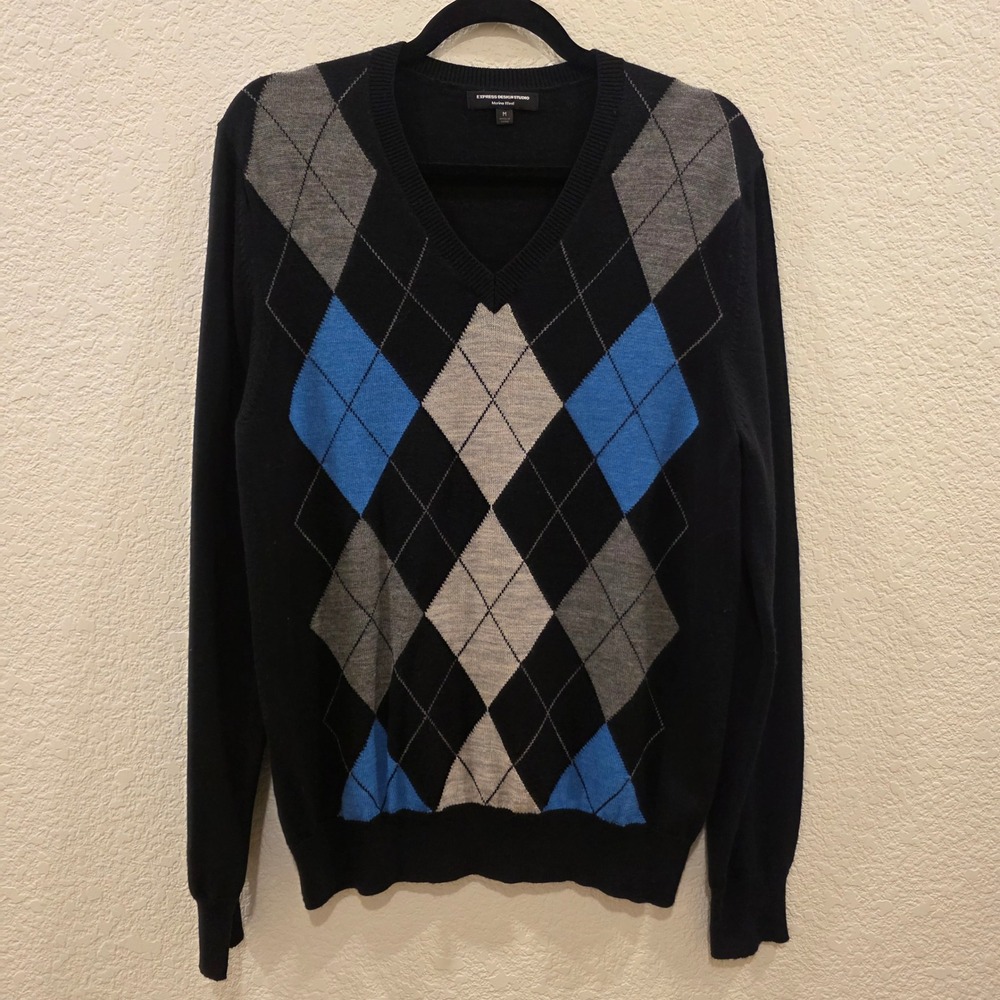 Express Design Studio Argyle Merino Wool V-Neck Sweater Mens M Black Preppy